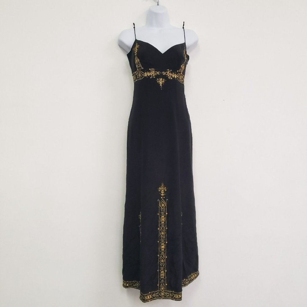 Vintage Tracy Reese Womens Silk Midi Dress Gown Size 6 Black V-Neck Sequin Y2K